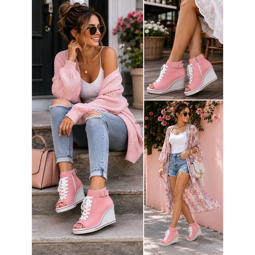 Womens Pink Peep Toe Wedge Sneakers Size 9 Casual Summer Shoes
